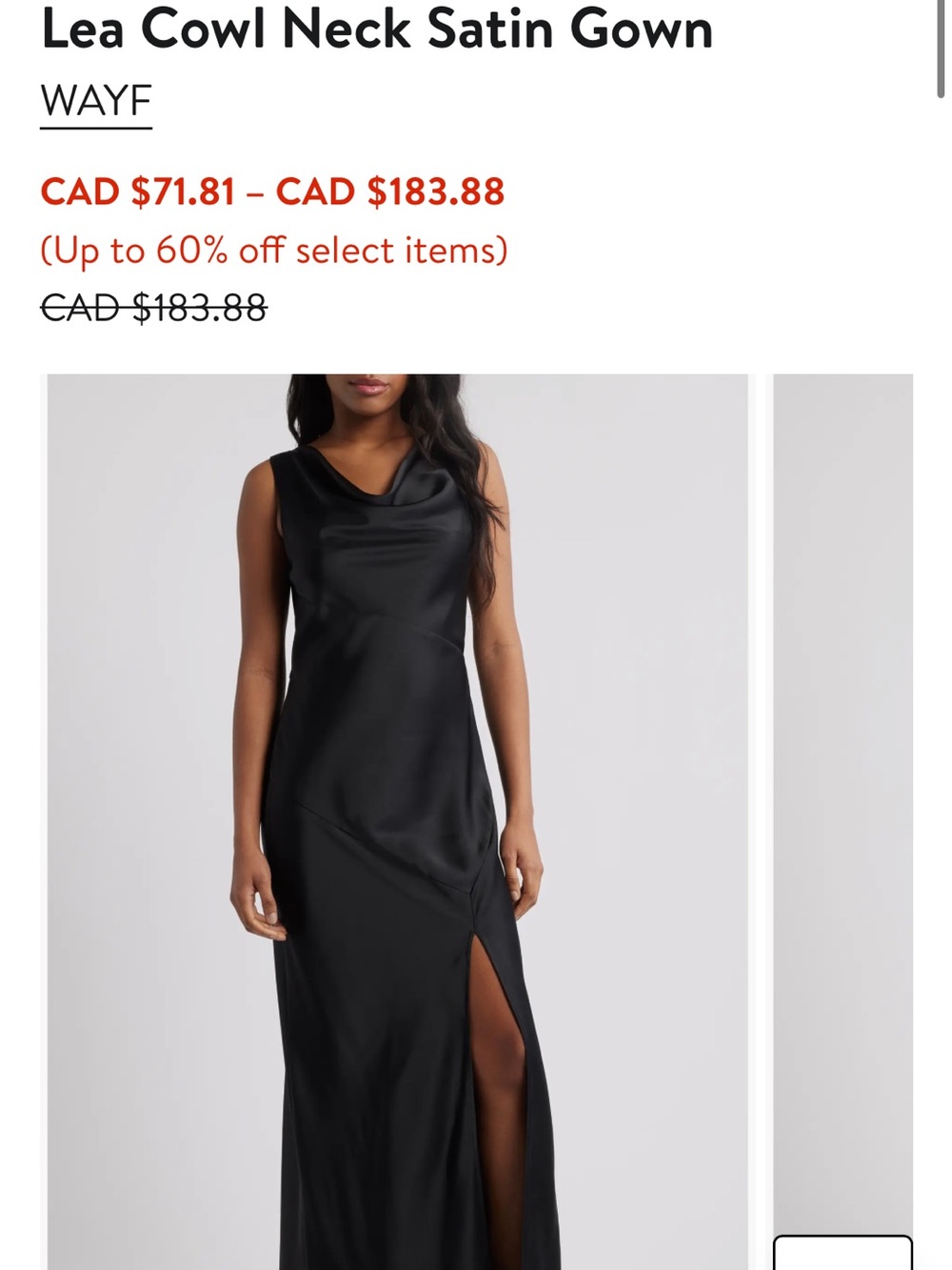 Wayf Black Satin Cowl Neck Maxi Dress with Thigh Slit